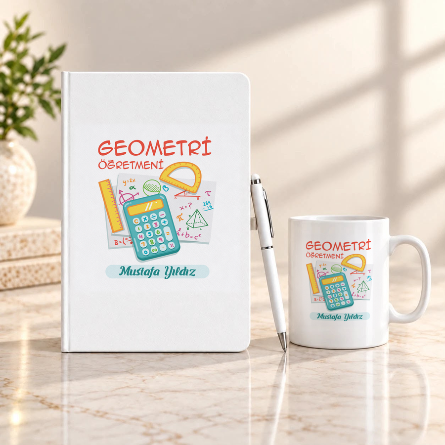 Geometri Öğretmenine İsme Özel Defter Kalem ve Kupa Hediye Seti