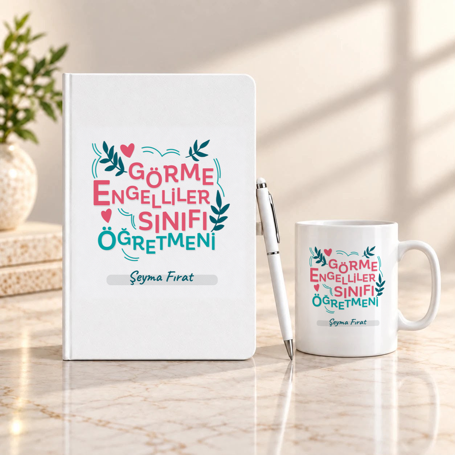 Görme Engelliler Sınıfı Öğretmenine İsme Özel Defter Kalem ve Kupa Hediye Seti