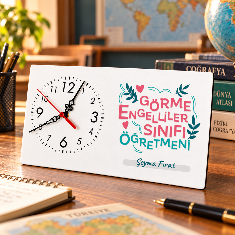 Görme Engelliler Sınıfı Öğretmenine İsme Özel Masa Saati