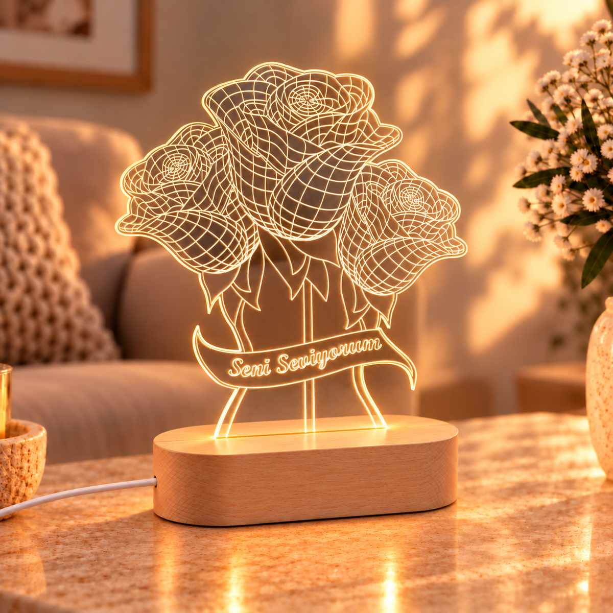 Kişiye Özel Gül Buketi LED Gece Lambası - açılı görünüm