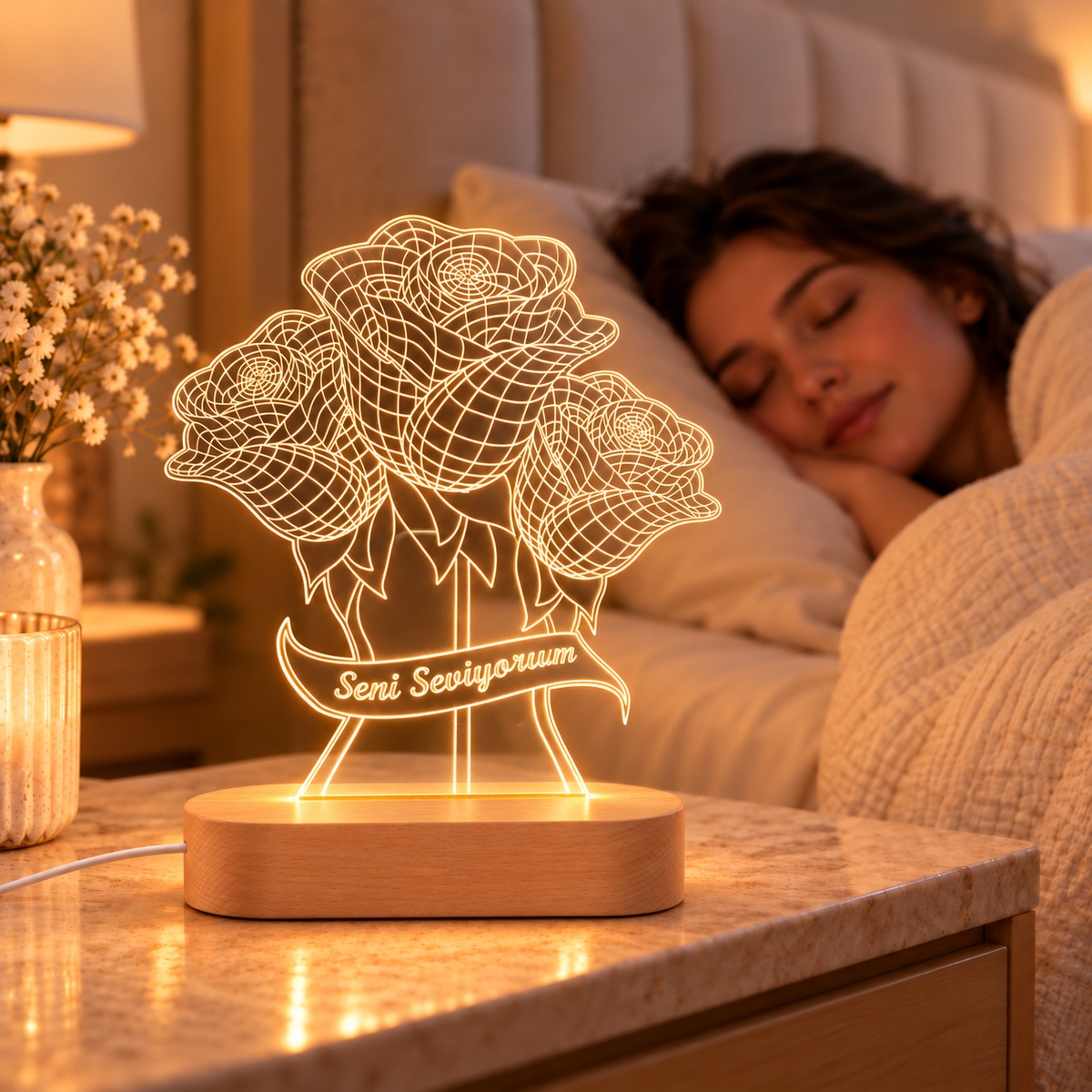 Kişiye Özel Gül Buketi LED Gece Lambası - sıcak ışıklı yatak odasında komodin üzerinde
