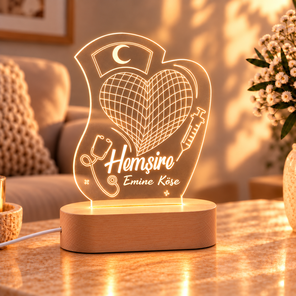 İsme Özel Hemşire LED Gece Lambası – açılı görünüm