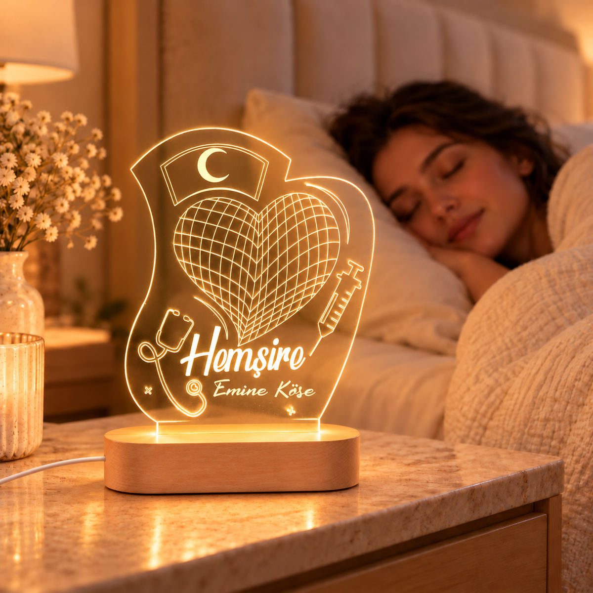İsme Özel Hemşire LED Gece Lambası – sıcak ışıkta komodin üzerinde