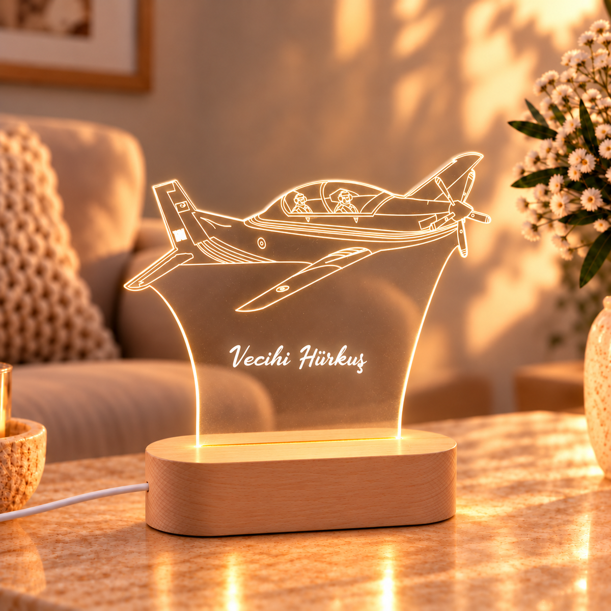 İsme Özel Hürkuş Uçak LED Gece Lambası – açılı görünüm