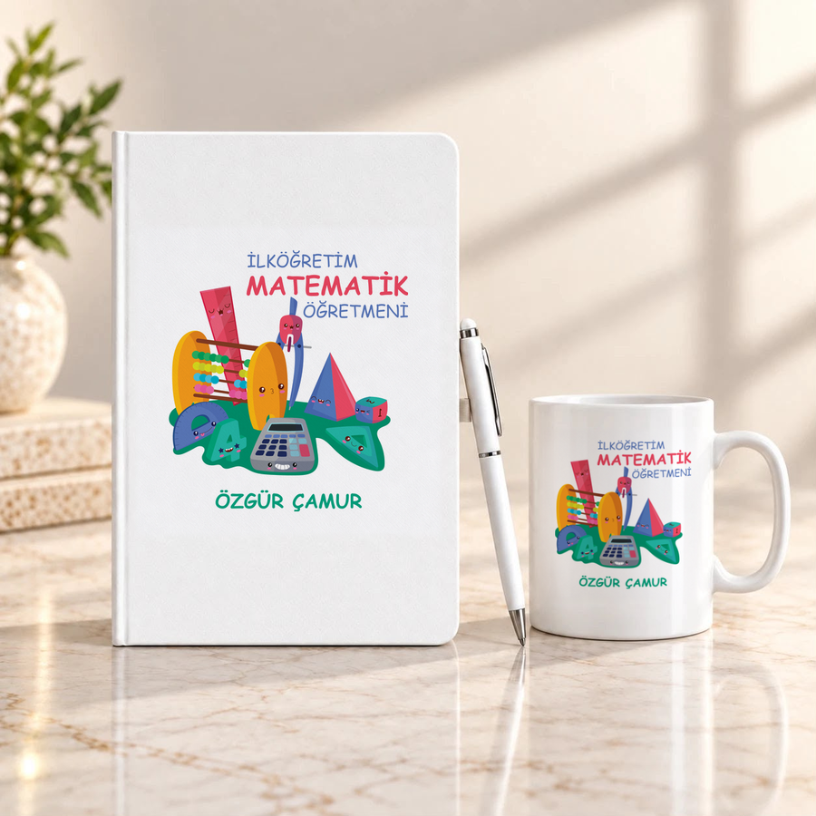 İlköğretim Matematik Öğretmenine İsme Özel Defter Kalem ve Kupa Hediye Seti