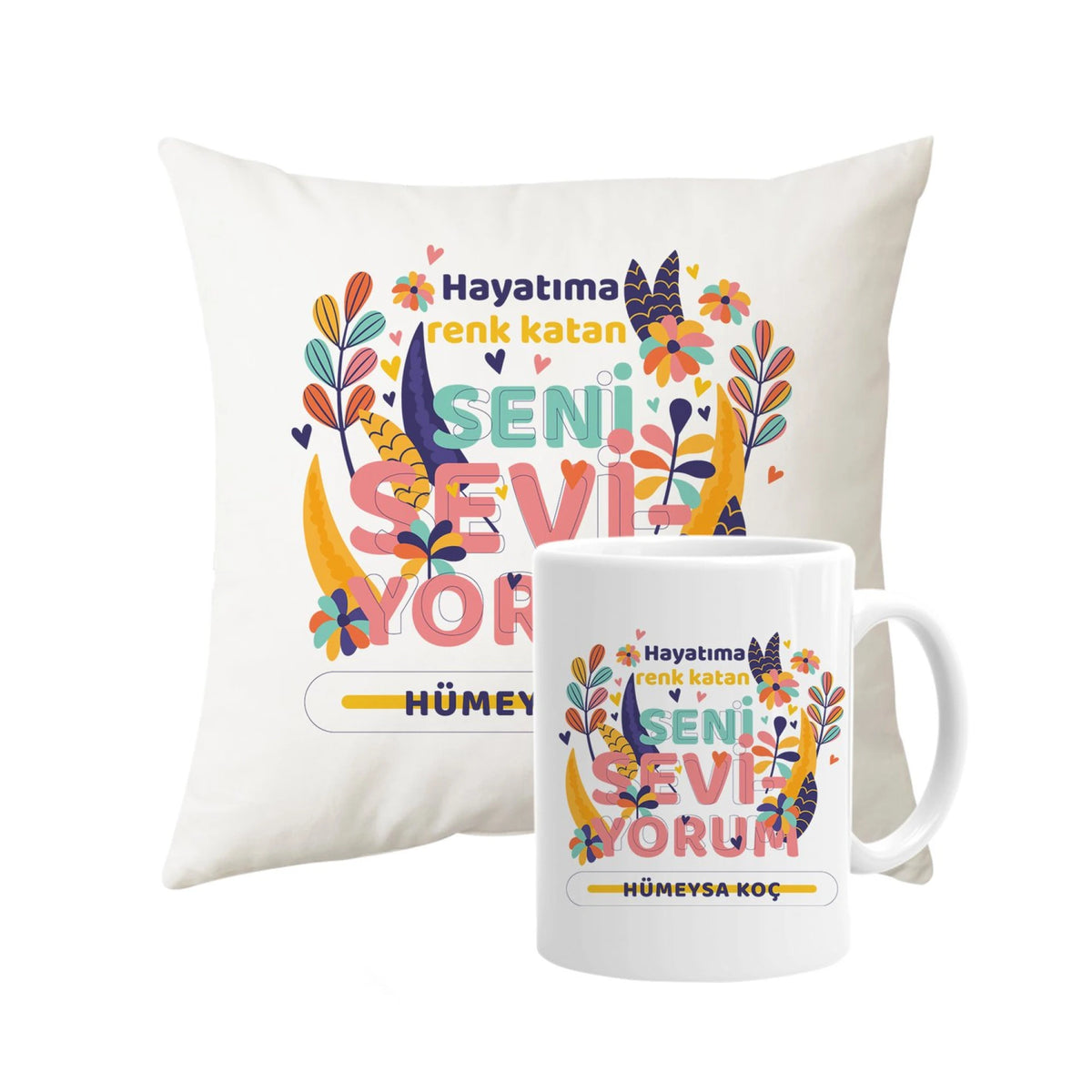 Sevgiliye Özel Hayata Renk Katan Yastık Kupa Seti