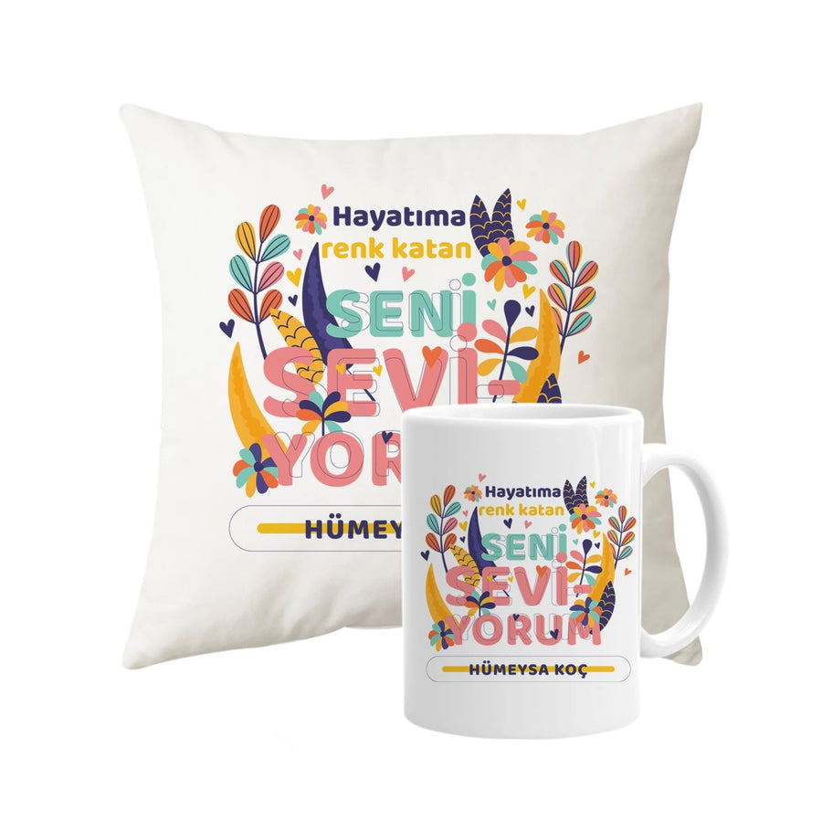 Sevgiliye Özel Hayata Renk Katan Yastık Kupa Seti