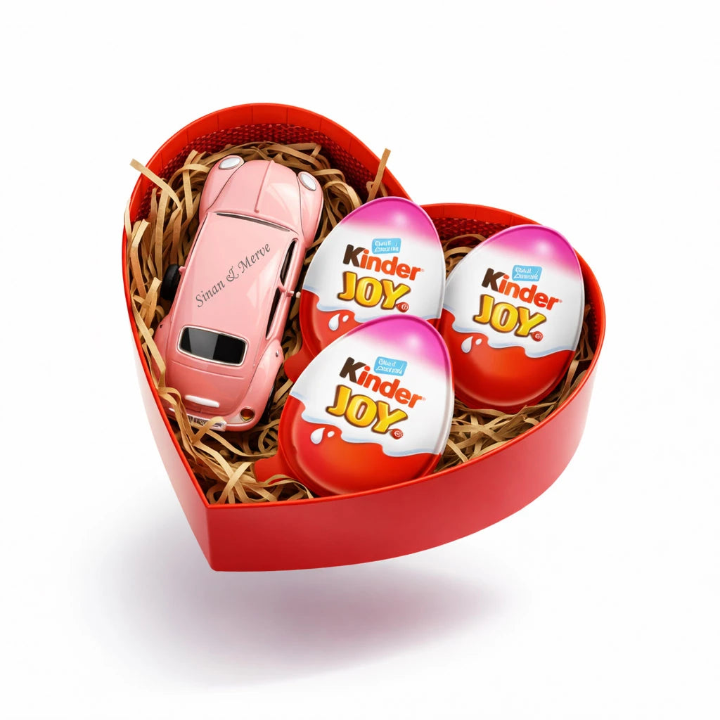 İsme Özel Vosvos & Kinder Joy Kalpli Hediye Kutusu