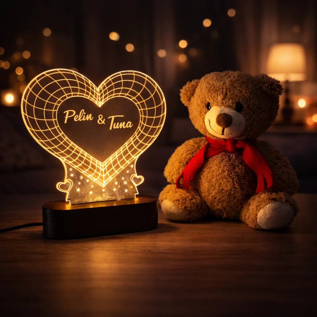 Sevgililer Günü’ne Özel İsimli Kalpli 3D LED Gece Lambası & Peluş Ayıcık Seti