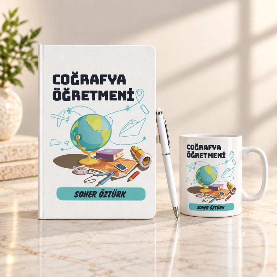 Coğrafya Öğretmenine Hediye Seti – Branş Tasarımlı Defter, Kupa ve Kalem