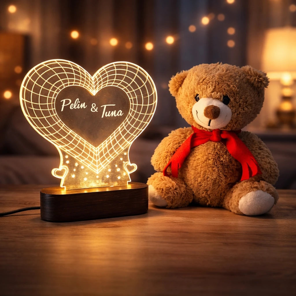 Sevgililer Günü’ne Özel İsimli Kalpli 3D LED Gece Lambası & Peluş Ayıcık Seti
