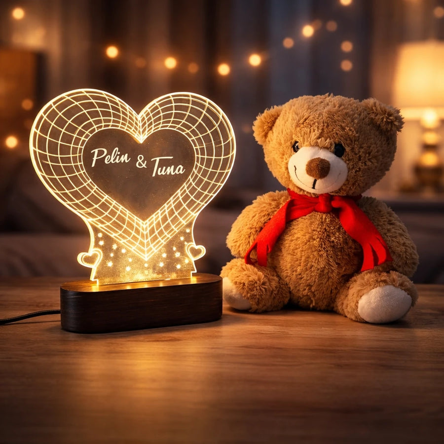 Sevgililer Günü’ne Özel İsimli Kalpli 3D LED Gece Lambası & Peluş Ayıcık Seti