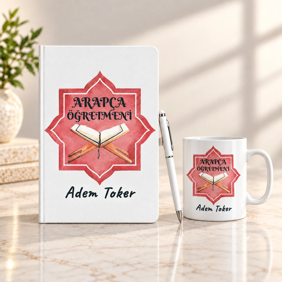Arapça Öğretmenine Hediye Seti – Branş Tasarımlı Defter, Kupa ve Kalem