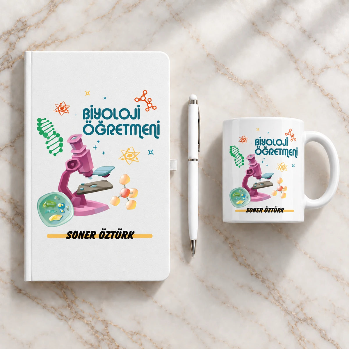 Biyoloji Öğretmenine Hediye Seti – Branş Tasarımlı Defter, Kupa ve Kalem