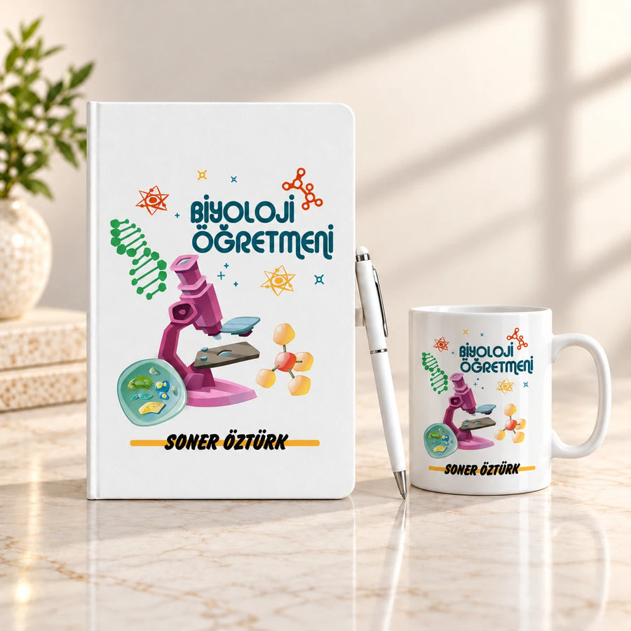 Biyoloji Öğretmenine Hediye Seti – Branş Tasarımlı Defter, Kupa ve Kalem