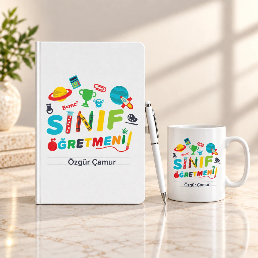 Sınıf Öğretmenine Hediye Seti – İsme Özel Defter, Kupa ve Kalem