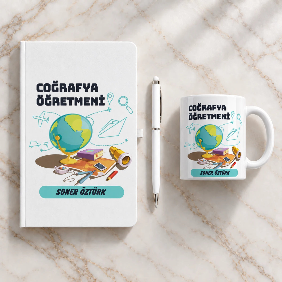 Coğrafya Öğretmenine Hediye Seti – Branş Tasarımlı Defter, Kupa ve Kalem