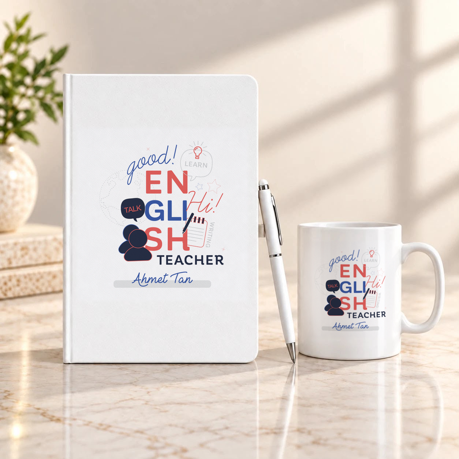 İngilizce Öğretmenine İsme Özel Defter Kalem ve Kupa Hediye Seti