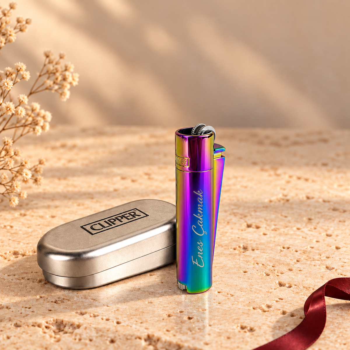 İsme özel Gökkuşağı metal Clipper çakmak, lazer kazıma örneği