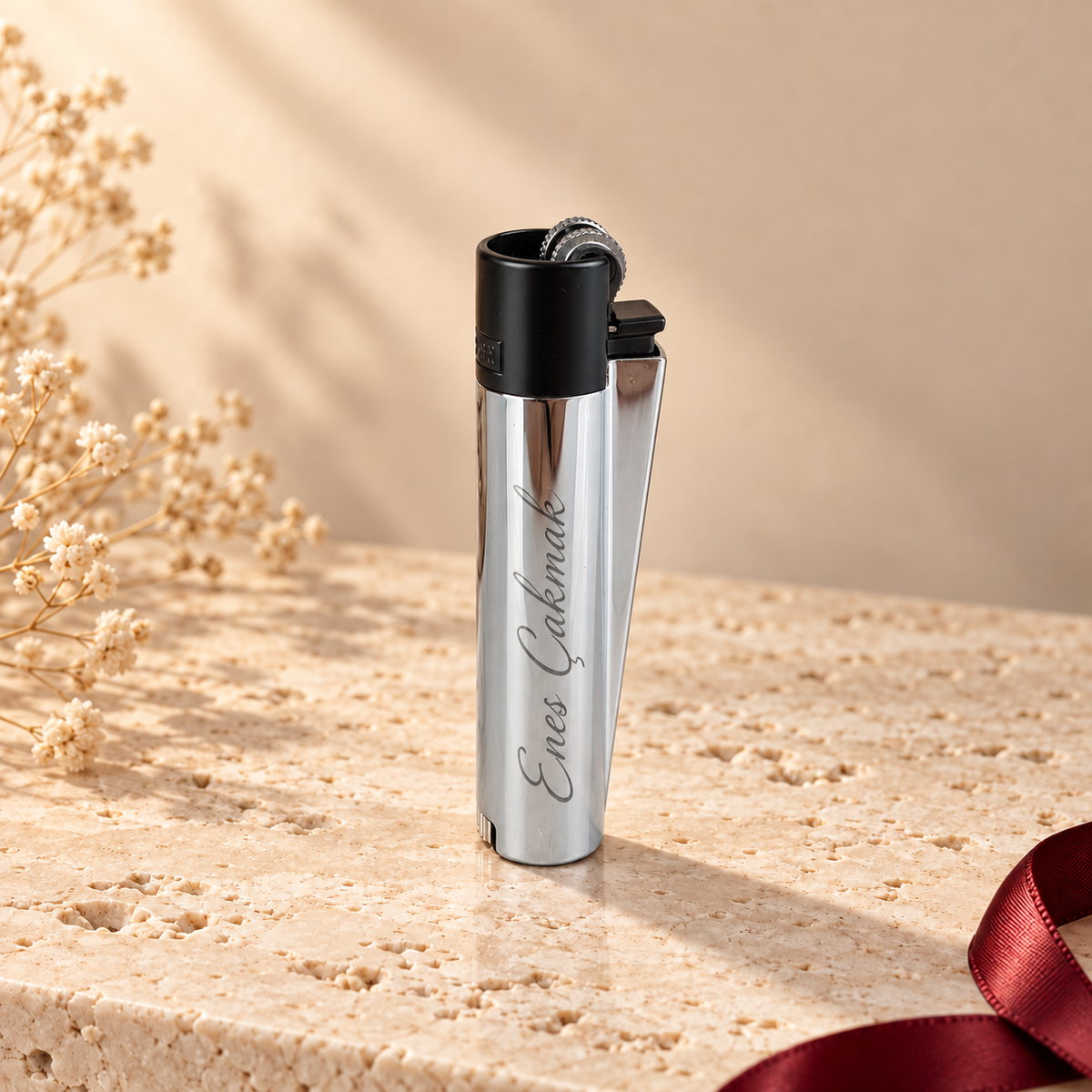 İsme özel gümüş metal Clipper çakmak, Enes Çakmak lazer kazıma örneği