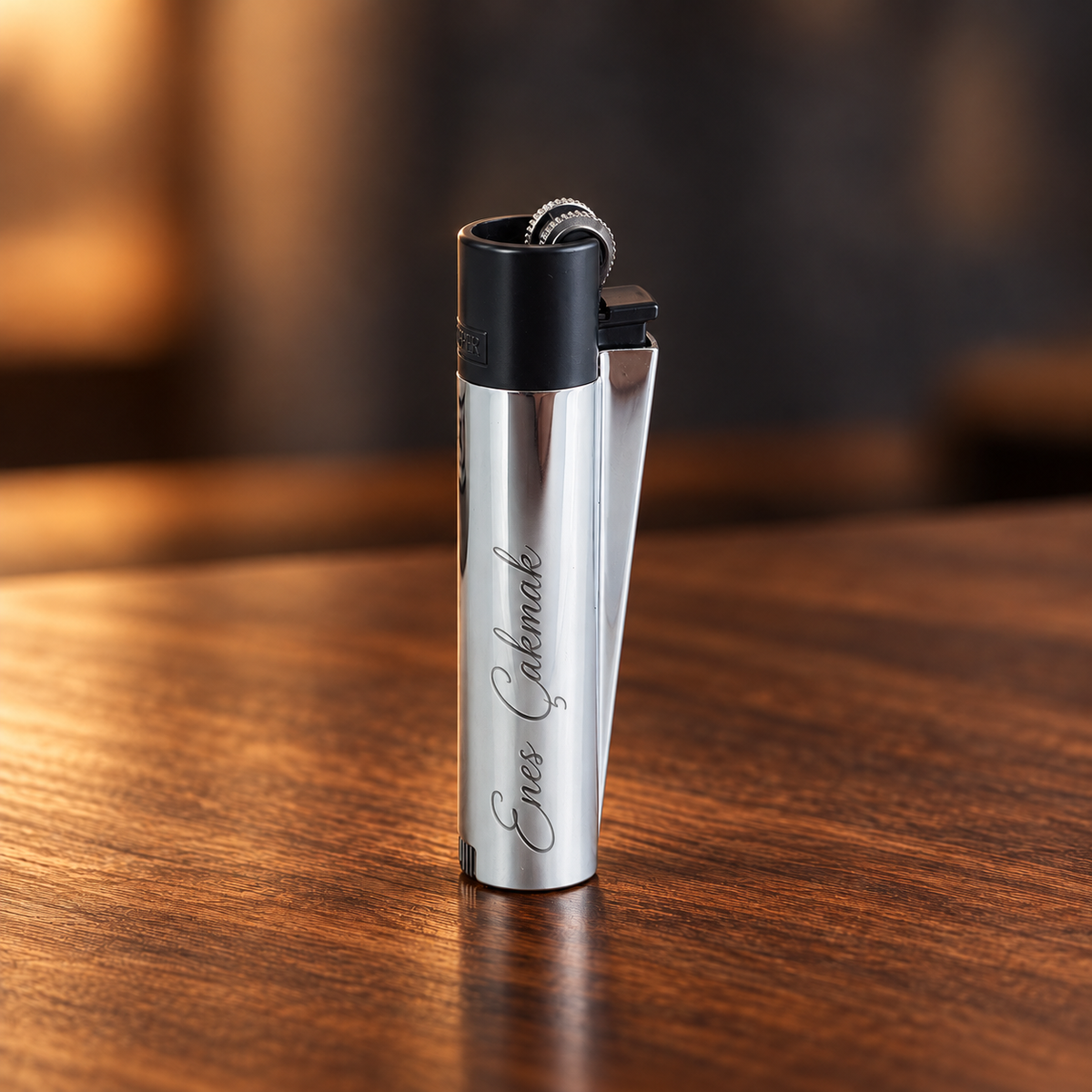 İsme özel gümüş metal Clipper çakmak, Enes Çakmak lazer kazıma örneği
