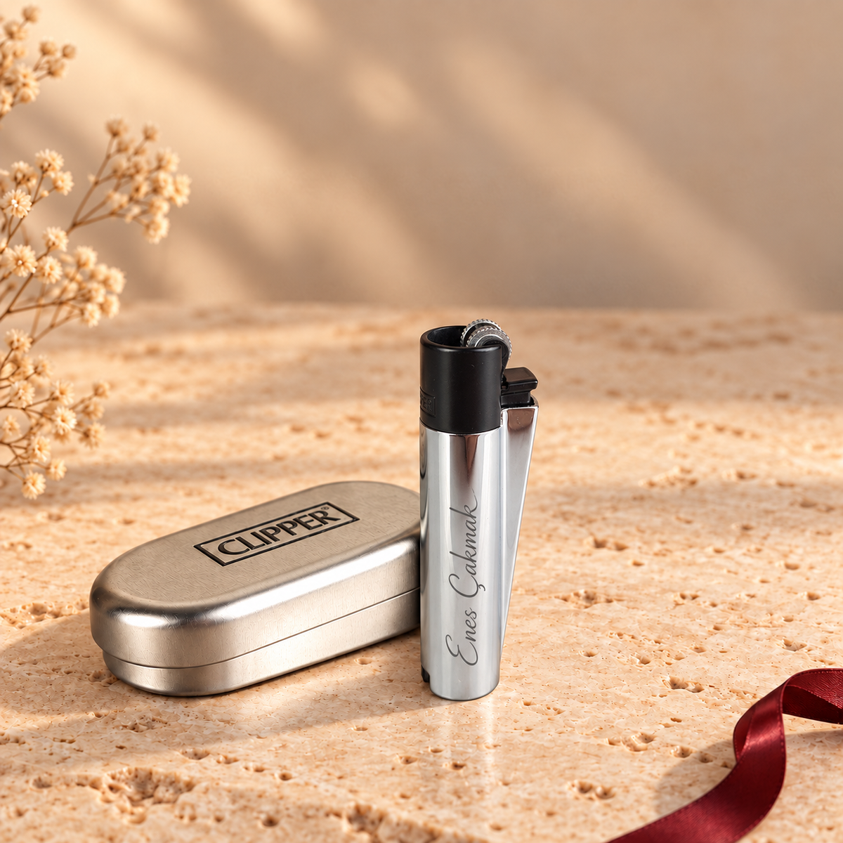 İsme özel gümüş metal Clipper çakmak, Enes Çakmak lazer kazıma örneği