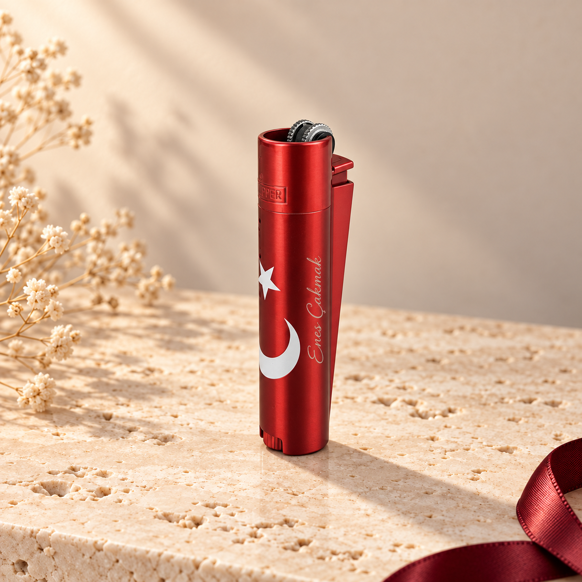 İsme özel Kırmızı Ay Yıldız metal Clipper çakmak, lazer kazıma örneği