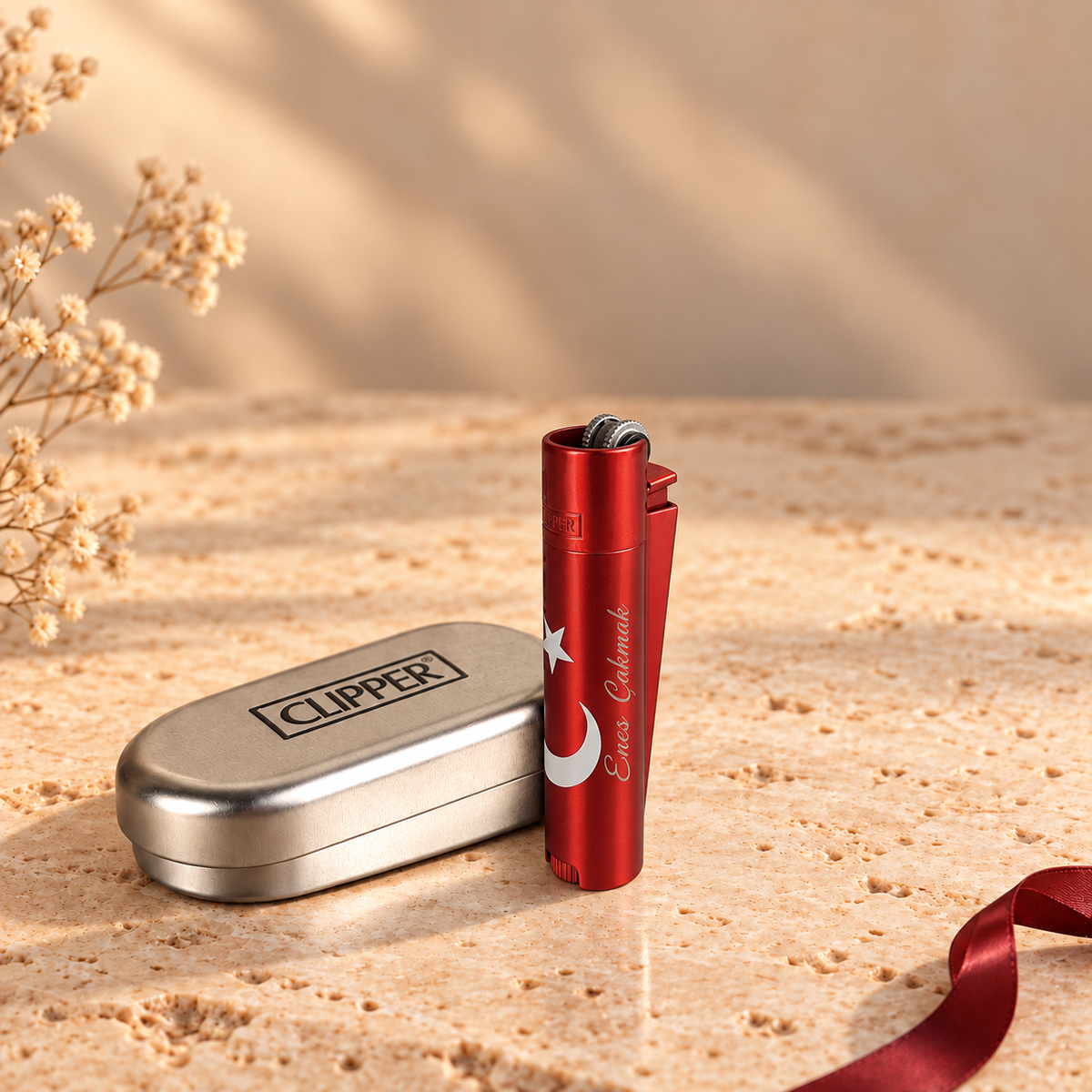 İsme özel Kırmızı Ay Yıldız metal Clipper çakmak, lazer kazıma örneği
