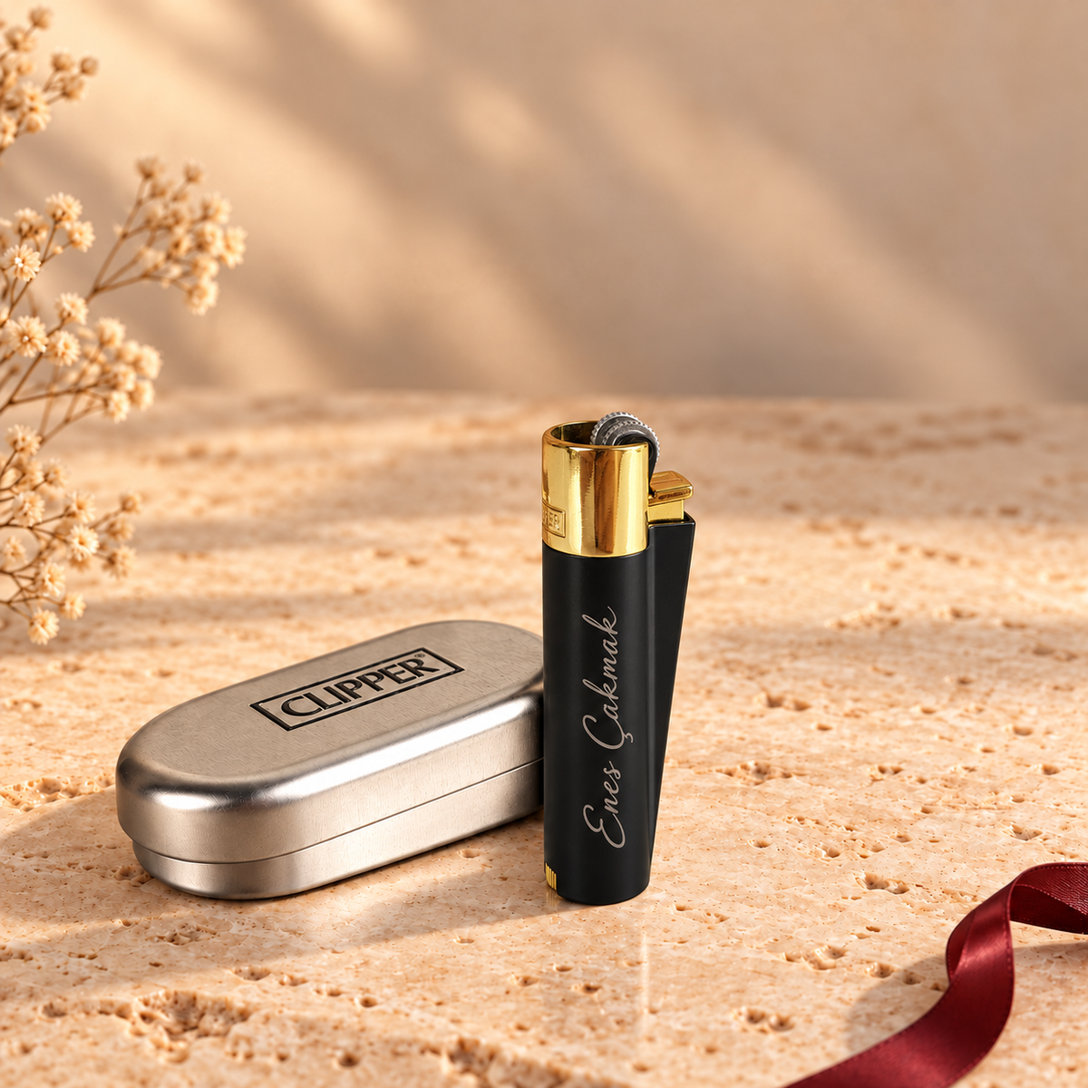 İsme özel Siyah Altın metal Clipper çakmak, lazer kazıma örneği