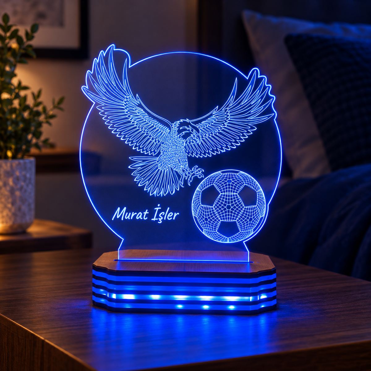 İsme özel kartal ve futbol topu tasarımlı LED gece lambası, mavi ışık