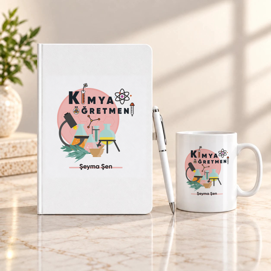 Kimya Öğretmenine İsme Özel Defter Kalem ve Kupa Hediye Seti
