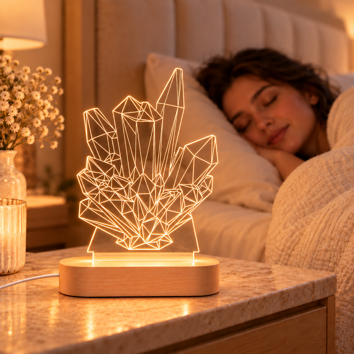 Kristal Tasarımlı LED Gece Lambası – sıcak ışıkta komodin üzerinde