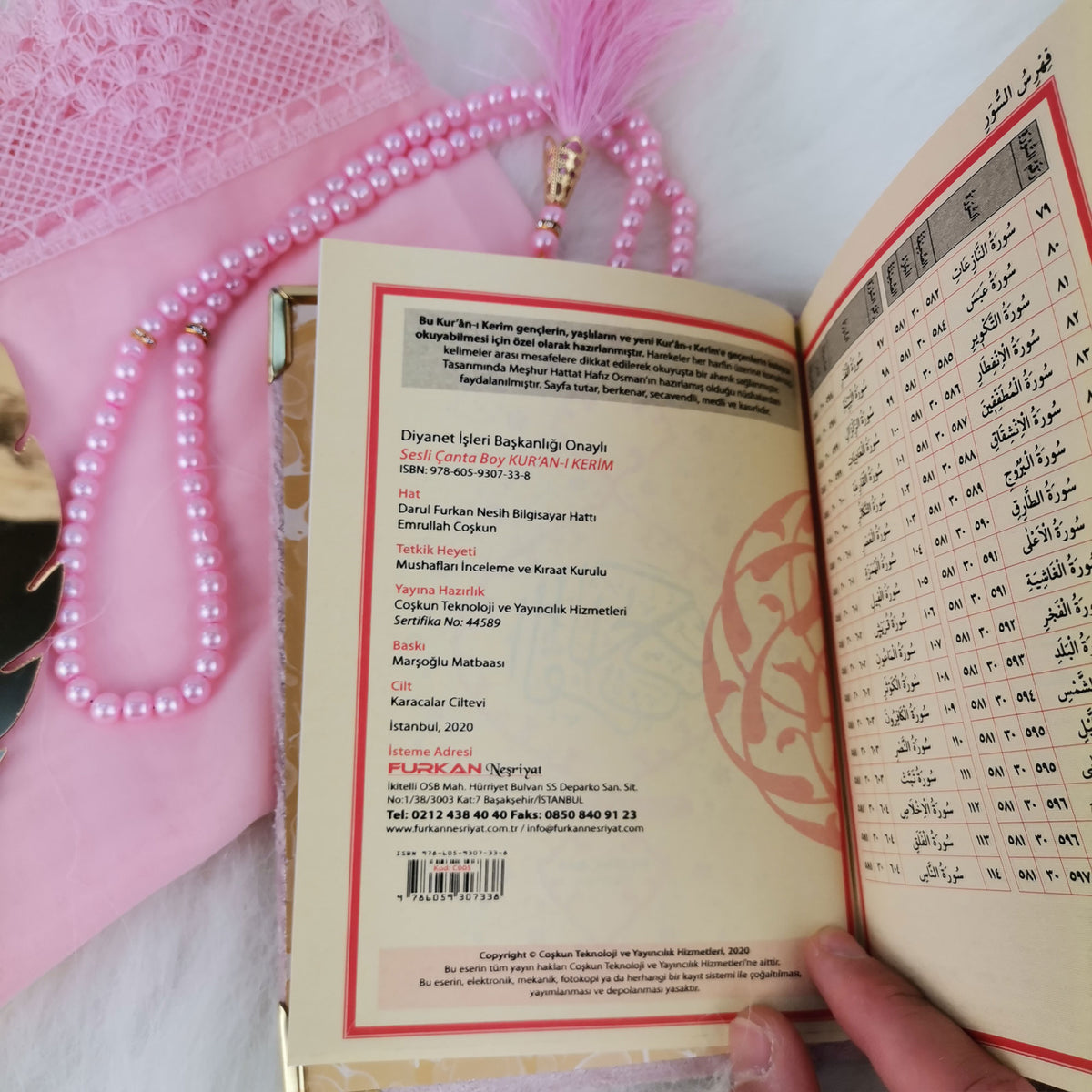 Çanta boy Kur’an-ı Kerim yayın bilgileri ve fihrist sayfası