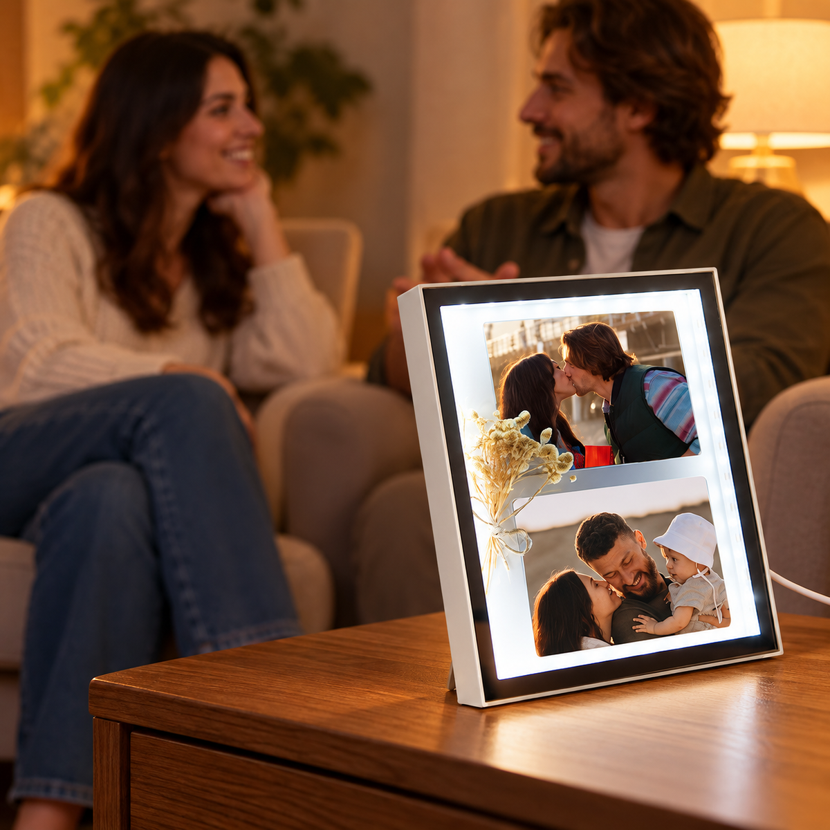 Kuru Çiçekli 2 Fotoğraflı Sihirli Ayna LED Çerçeve – loş ortamda masaüstü kullanım örneği