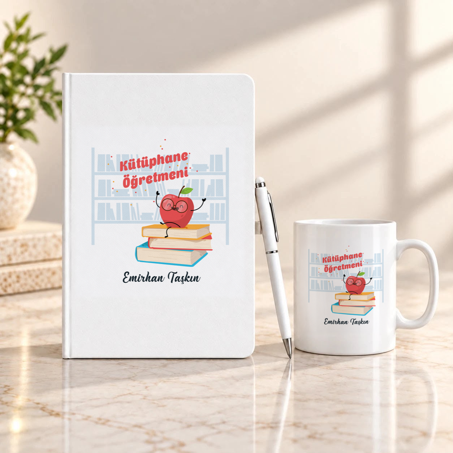 Kütüphane Öğretmenine İsme Özel Defter Kalem ve Kupa Hediye Seti