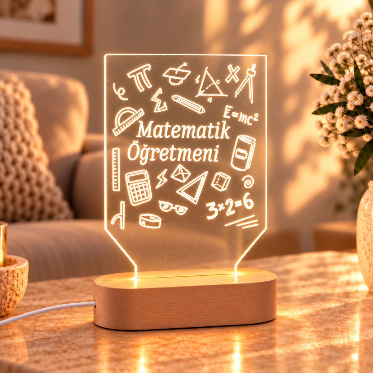 Matematik öğretmenine özel LED gece lambası, sıcak ortamda ahşap kaideli görünüm