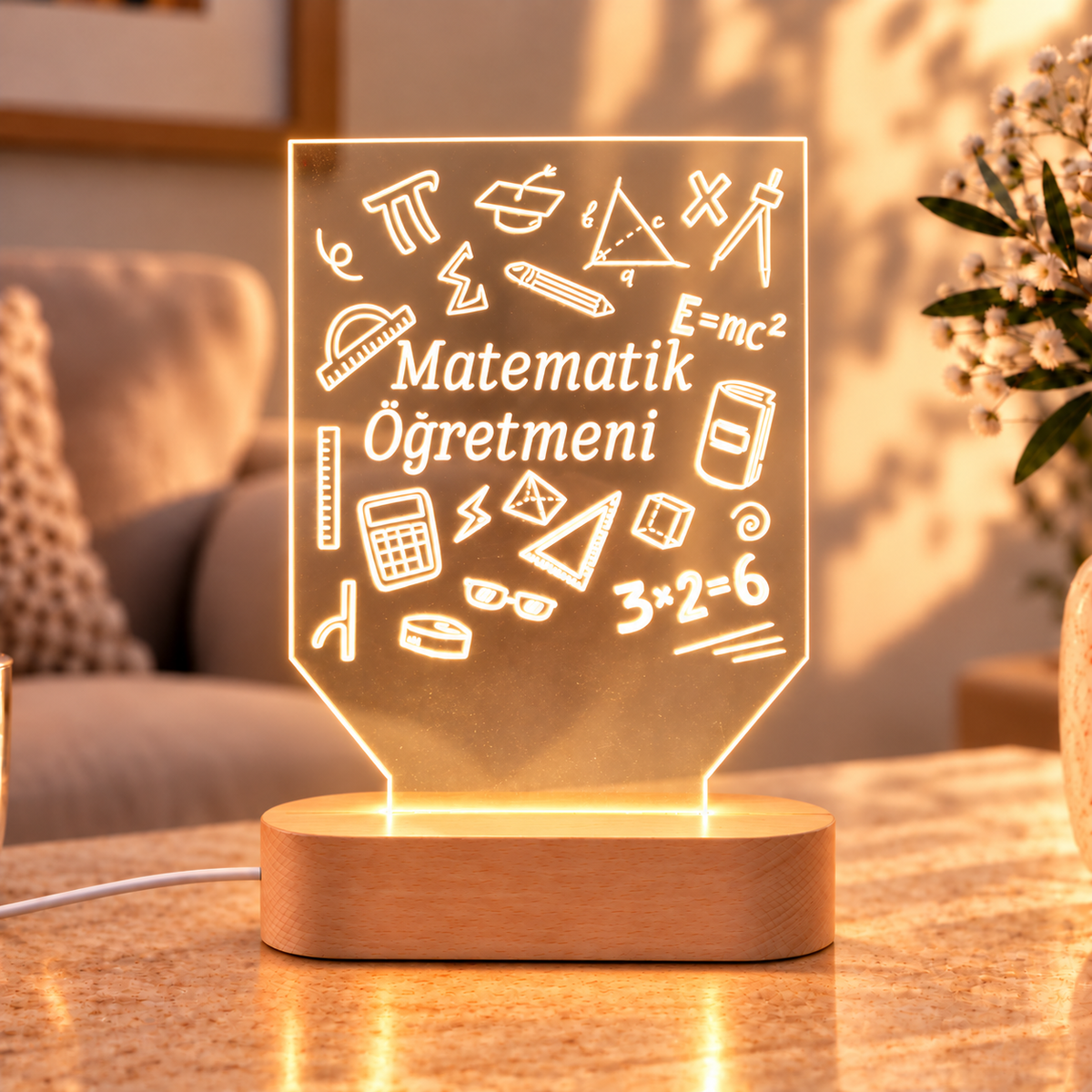 Matematik öğretmenine özel LED gece lambası – Öğretmenler Günü hediyesi, açık renk ahşap kaide