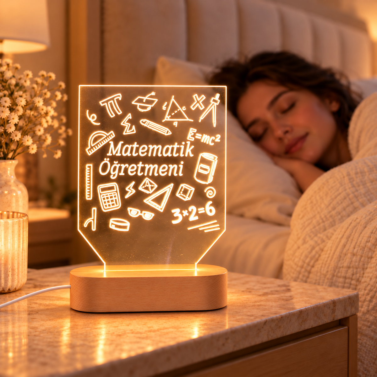 Matematik öğretmenine özel LED gece lambası, komodin üzerinde sıcak ışıklı kullanım