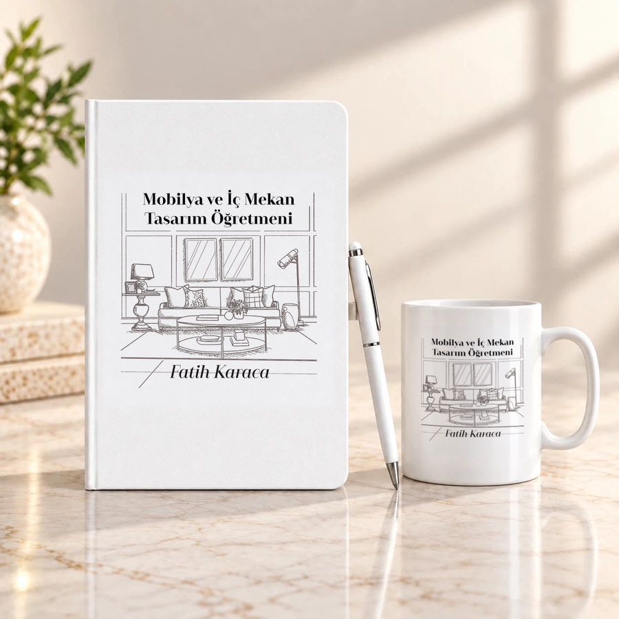 Mobilya ve İç Mekan Tasarım Öğretmenine İsme Özel Defter Kalem ve Kupa Hediye Seti