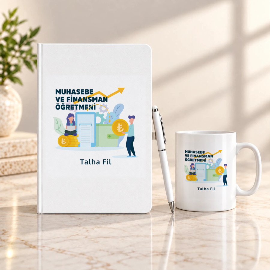 Muhasebe ve Finansman Öğretmenine İsme Özel Defter Kalem ve Kupa Hediye Seti