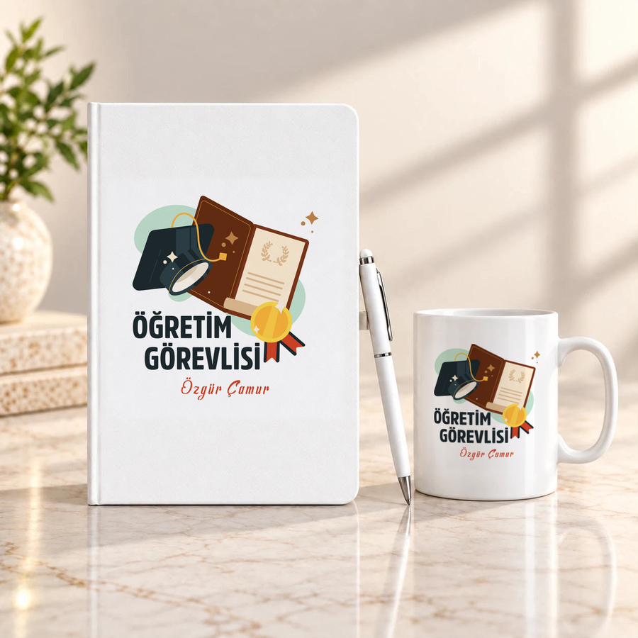 Öğretim Görevlisine İsme Özel Defter Kalem ve Kupa Hediye Seti
