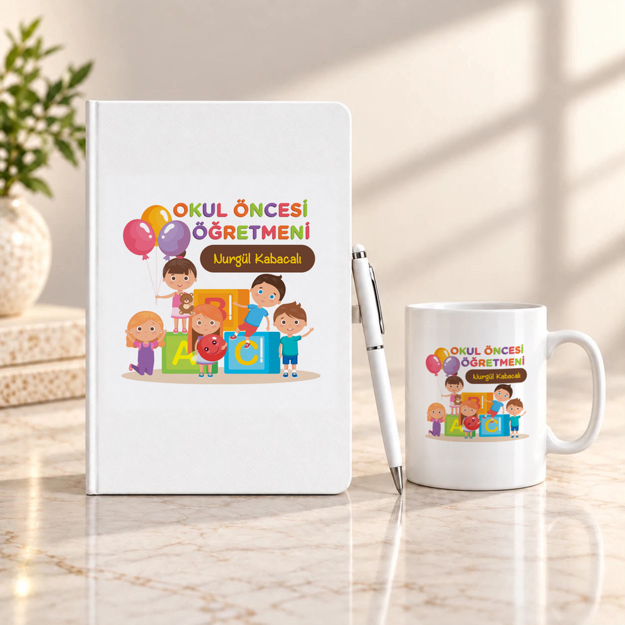 Okul Öncesi Öğretmenine İsme Özel Defter Kalem ve Kupa Hediye Seti