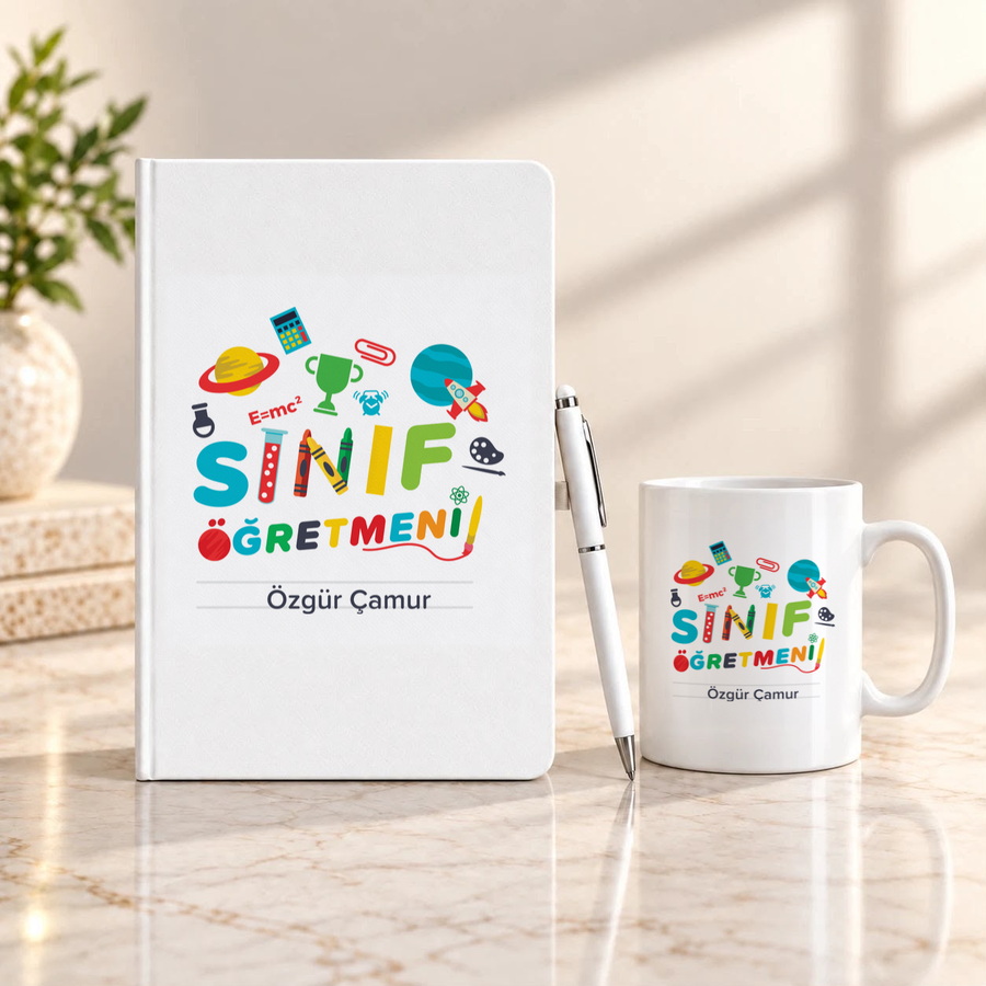 Sınıf Öğretmenine İsme Özel Defter Kalem ve Kupa Hediye Seti