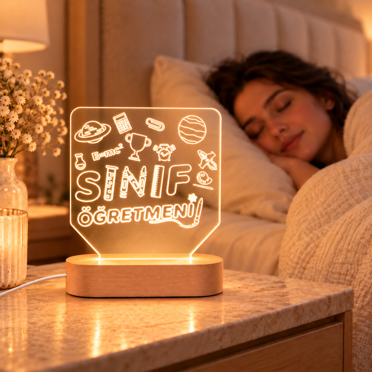 Sınıf öğretmenine özel LED gece lambası, komodin üzerinde sıcak ışıklı kullanım