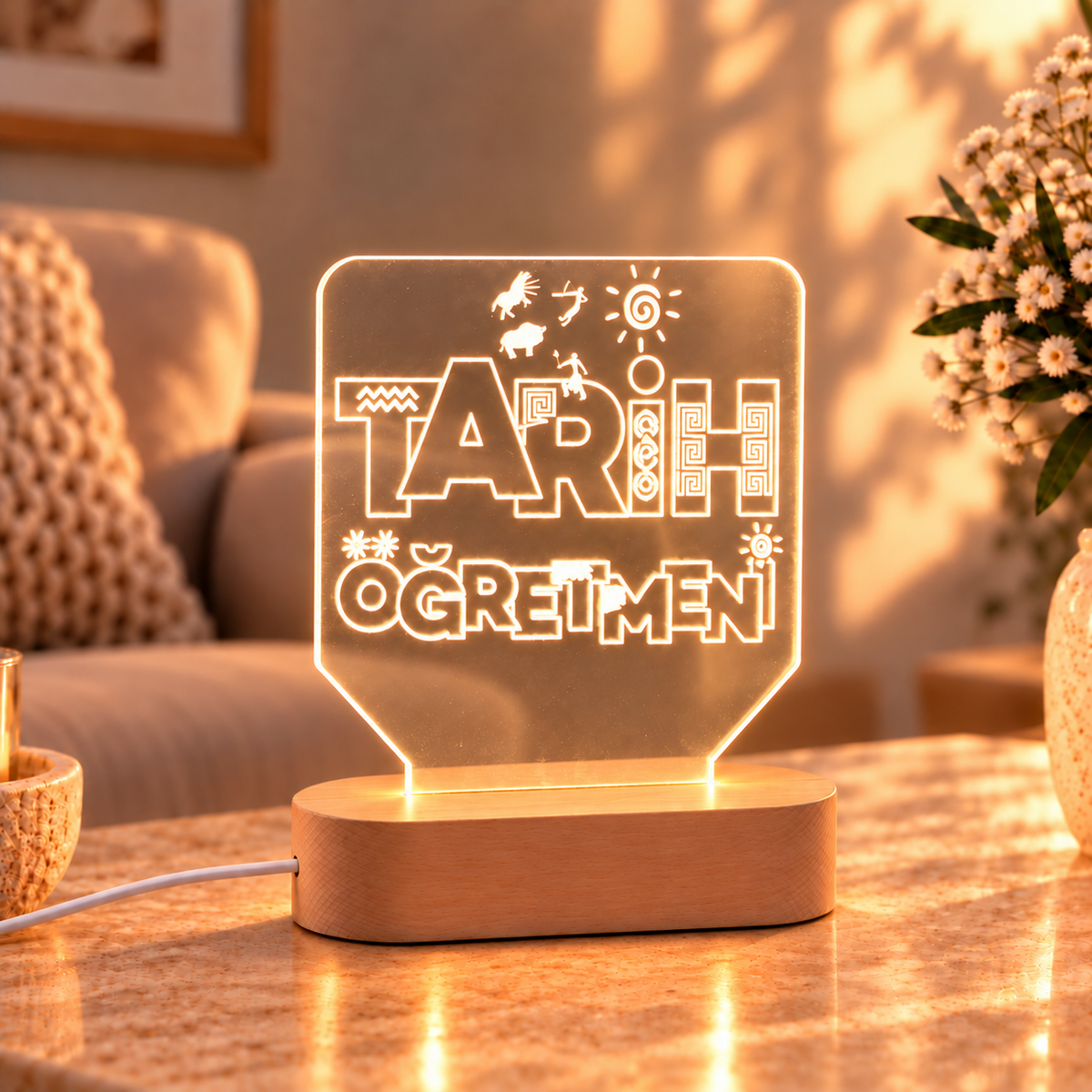 Tarih öğretmenine özel LED gece lambası – sıcak ortamda ahşap kaideli görünüm