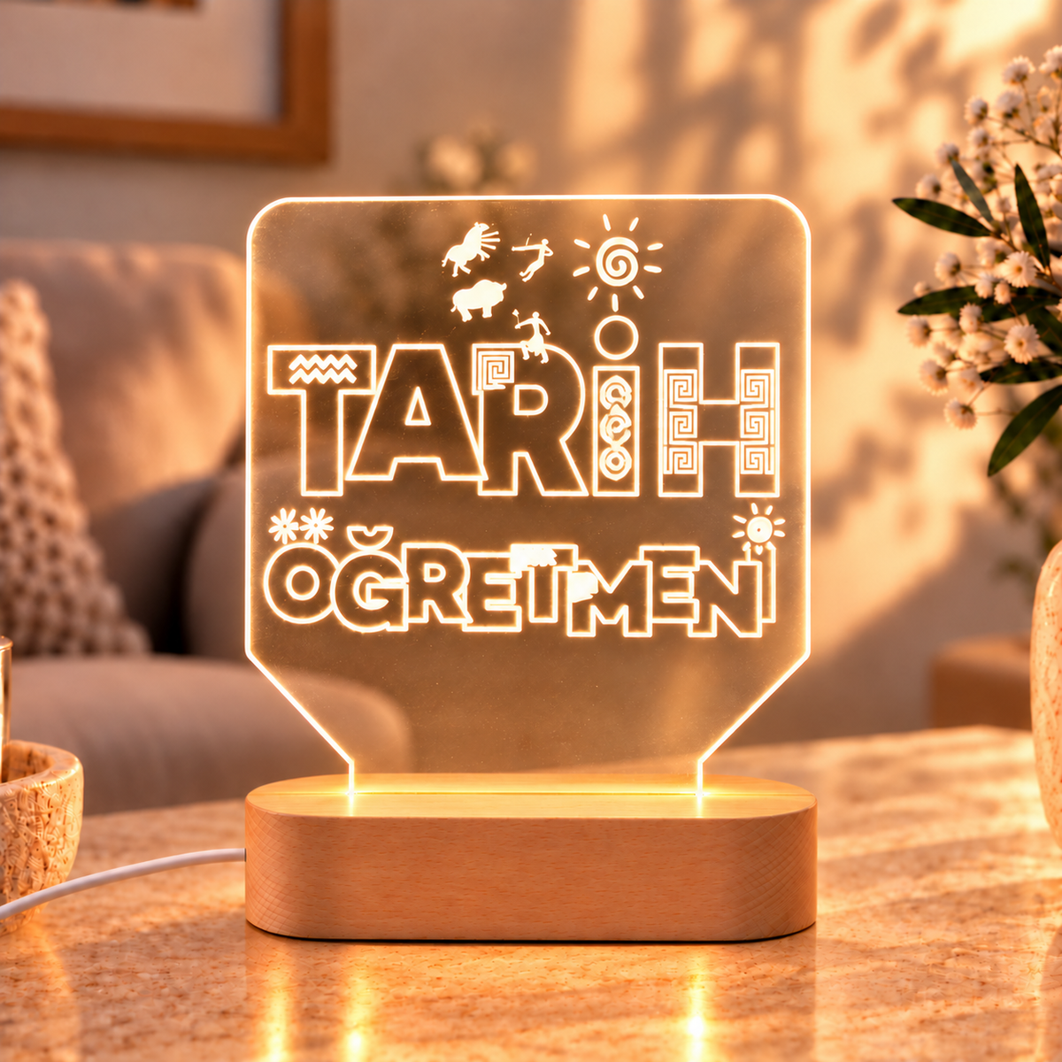 Tarih öğretmenine özel LED gece lambası – Öğretmenler Günü hediyesi, açık renk ahşap kaide