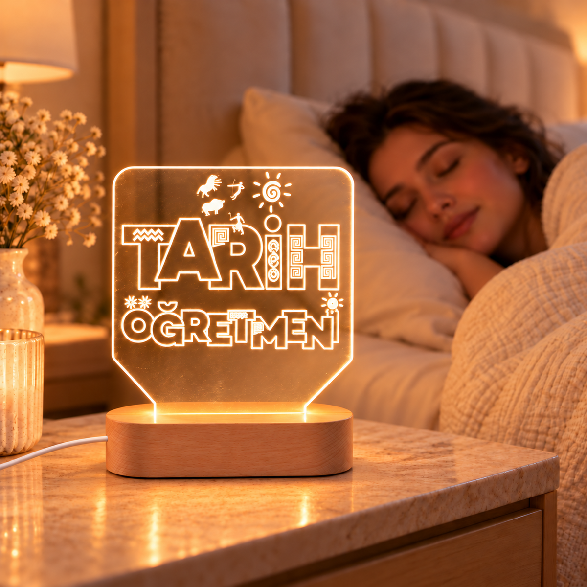 Tarih öğretmenine özel LED gece lambası – komodin üzerinde sıcak ışıklı kullanım