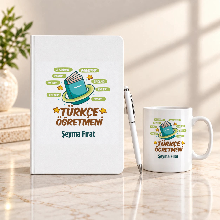Türkçe Öğretmenine İsme Özel Defter Kalem ve Kupa Hediye Seti