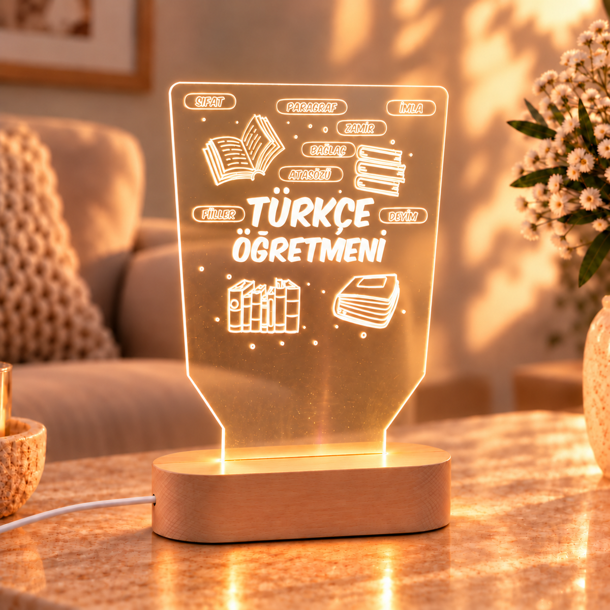 Türkçe öğretmenine özel LED gece lambası – sıcak ortamda ahşap kaideli görünüm