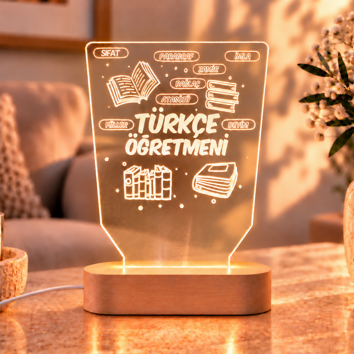 Türkçe öğretmenine özel LED gece lambası – Öğretmenler Günü hediyesi, açık renk ahşap kaide